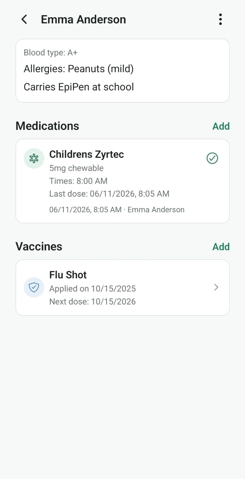 Perfil de saúde com alergias, medicamentos e vacinas de cada membro