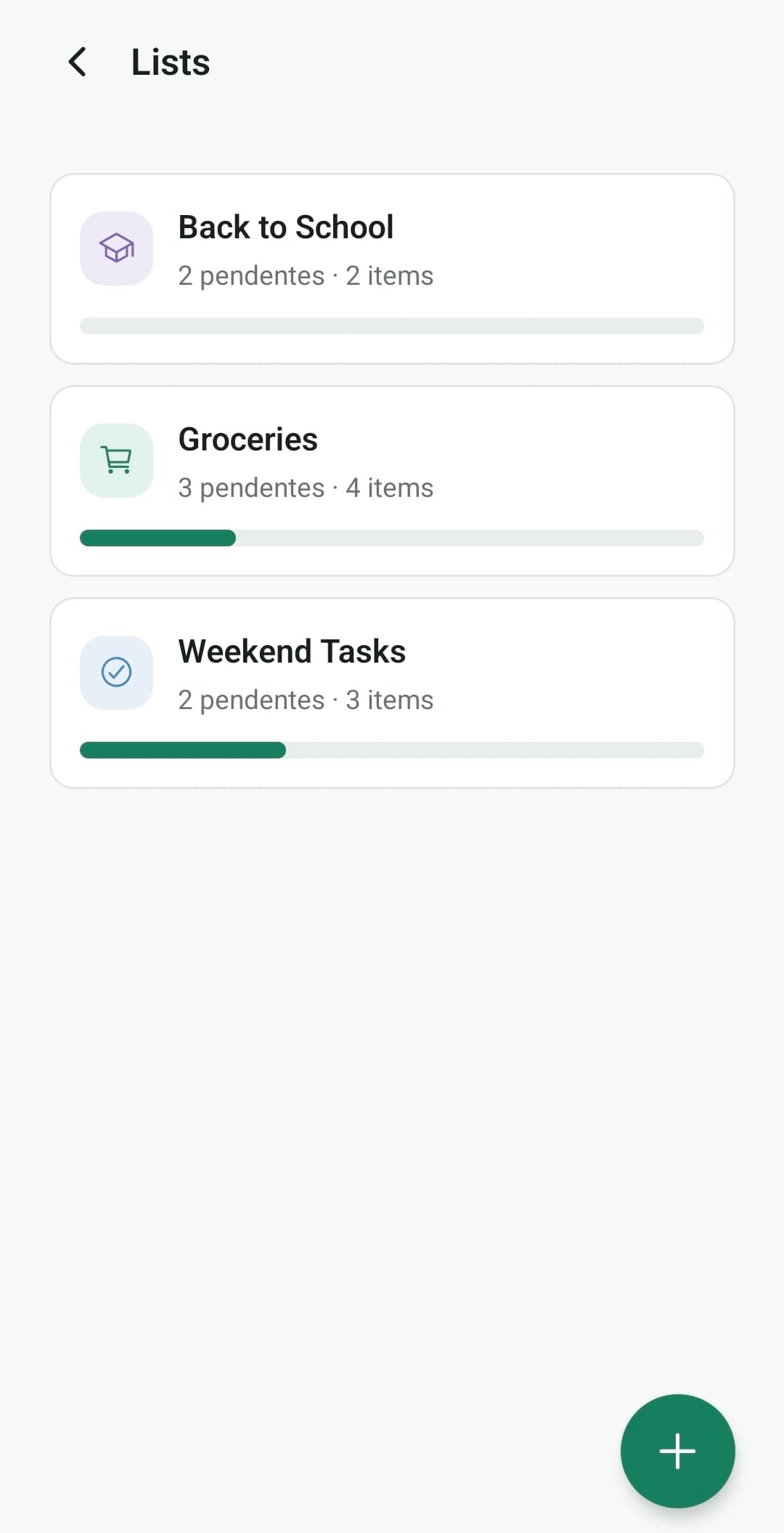 Listas de compras e tarefas com progresso de itens pendentes
