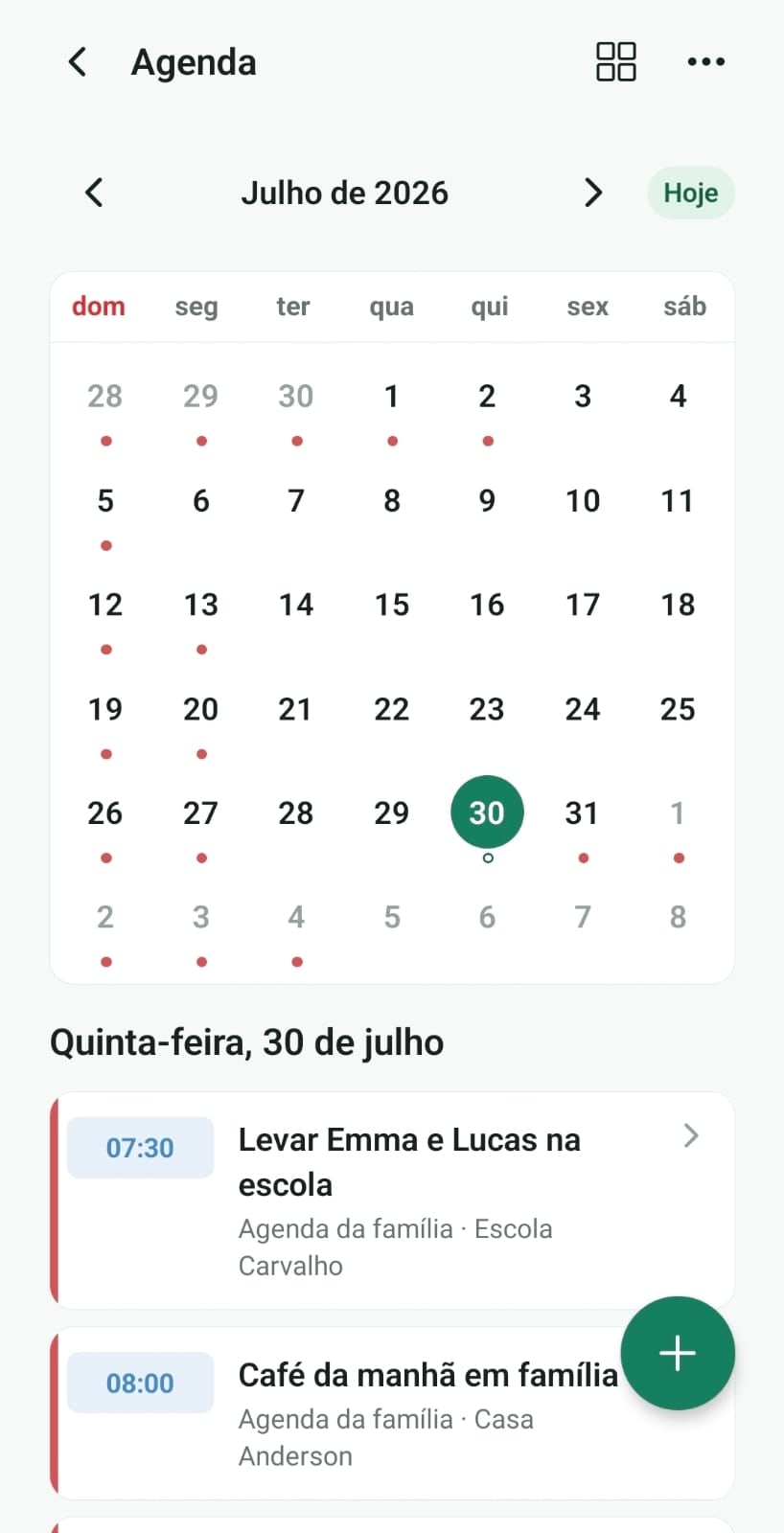 Agenda: Calendário compartilhado com eventos de cada membro