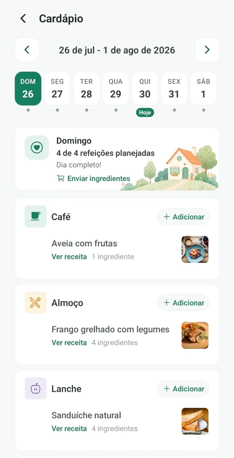 Cardápio: Visão da semana por refeição